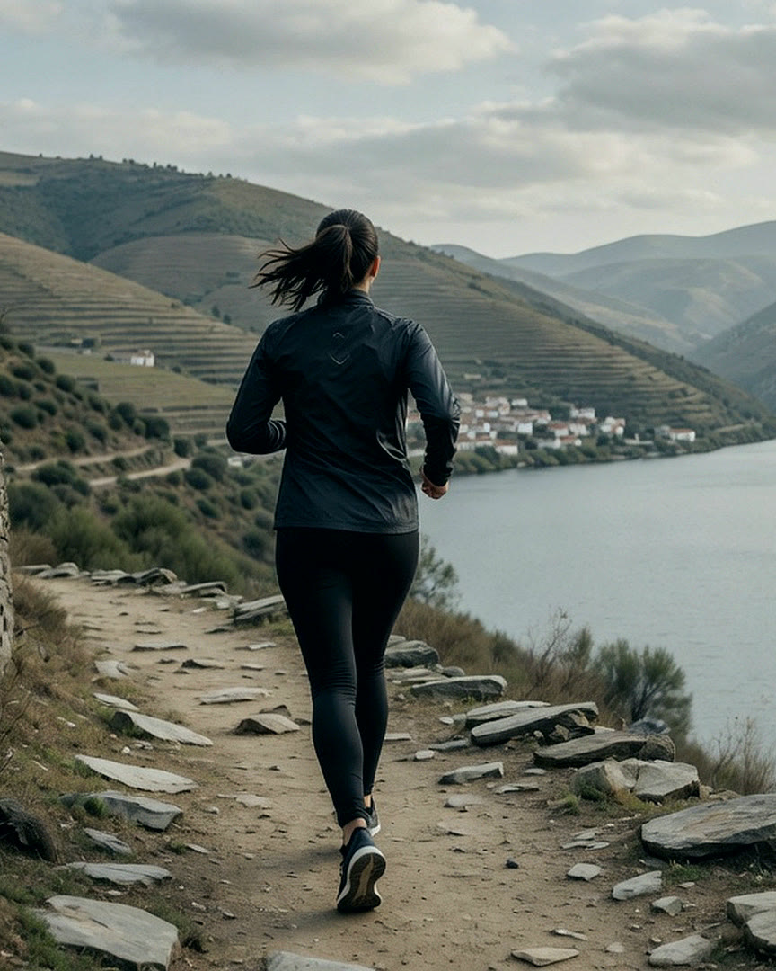 A runner on a path above the Douro river, terraced vineyards behind
